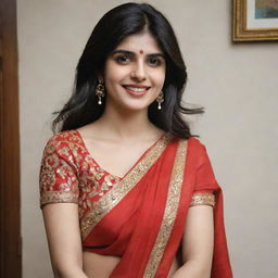 Sanjana Sanghi elegantly draped in a vibrant red saree, embellished with voluminous Indian jewelry. She radiates joy with sindoor on her hair parting, a striking bindi on her forehead, and a brilliant smile.