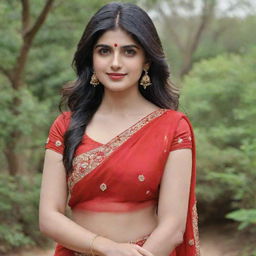 Sanjana Sanghi elegantly draped in a vibrant red saree, embellished with voluminous Indian jewelry. She radiates joy with sindoor on her hair parting, a striking bindi on her forehead, and a brilliant smile.