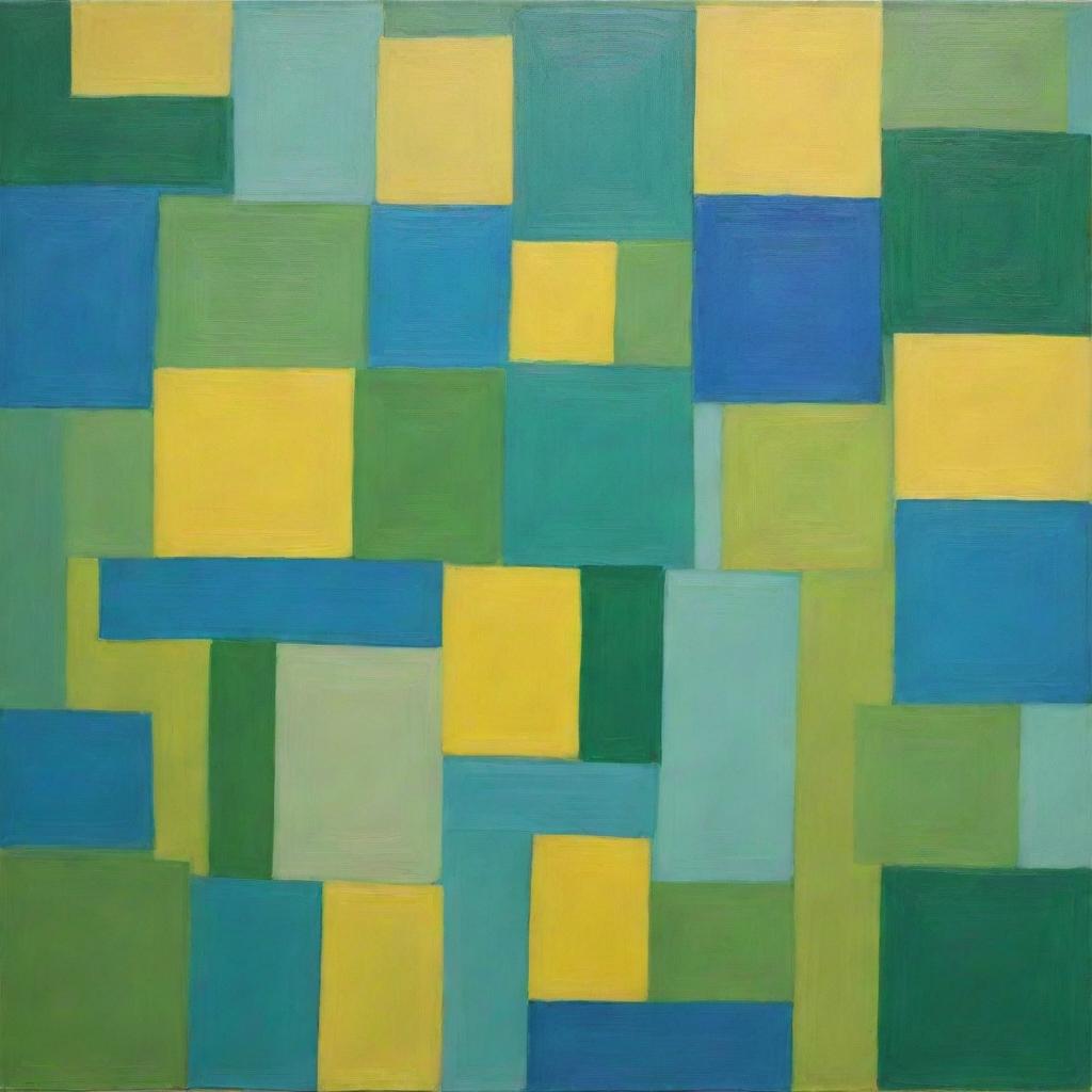 A painting of innovatively overlapping squares in vibrant hues of green, blue, and bright yellow, forming a lively and complex pattern