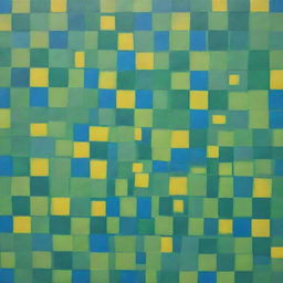 A painting of innovatively overlapping squares in vibrant hues of green, blue, and bright yellow, forming a lively and complex pattern