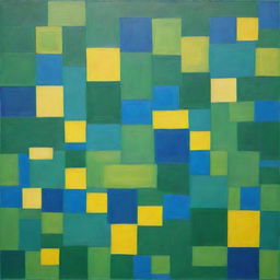 A painting of innovatively overlapping squares in vibrant hues of green, blue, and bright yellow, forming a lively and complex pattern