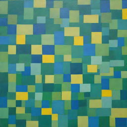 A painting of innovatively overlapping squares in vibrant hues of green, blue, and bright yellow, forming a lively and complex pattern