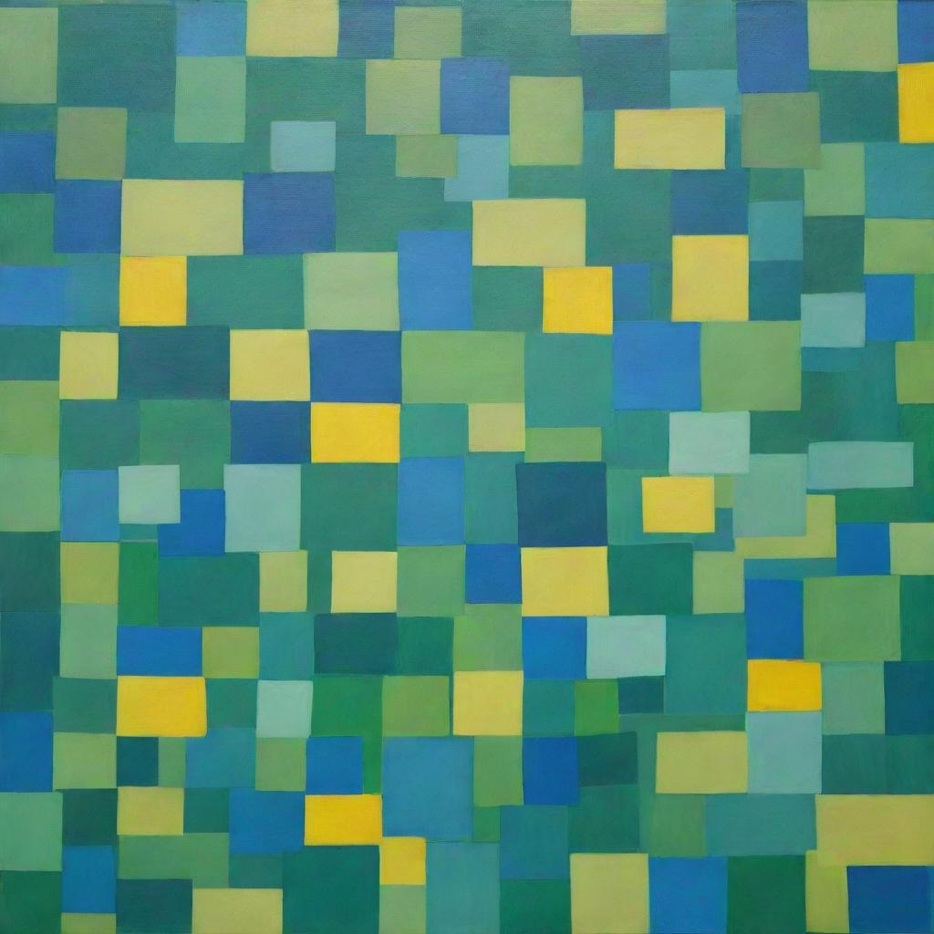 A painting of innovatively overlapping squares in vibrant hues of green, blue, and bright yellow, forming a lively and complex pattern