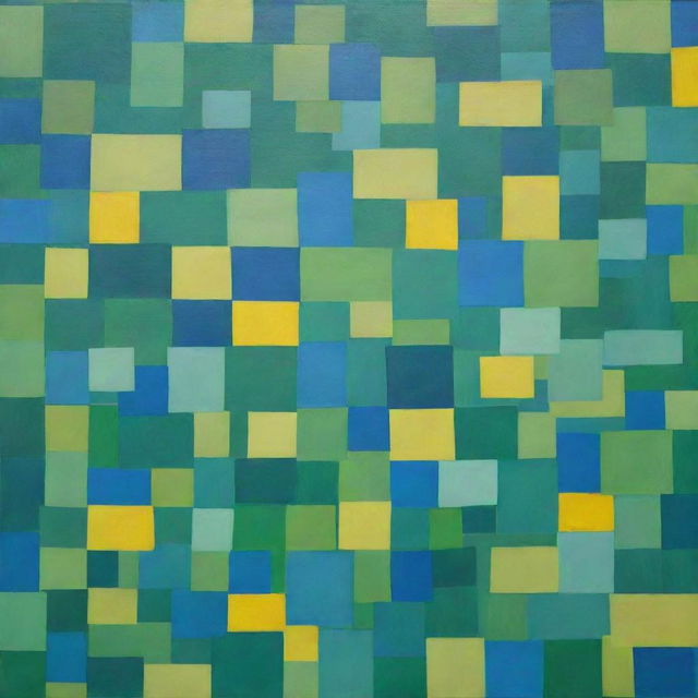 A painting of innovatively overlapping squares in vibrant hues of green, blue, and bright yellow, forming a lively and complex pattern