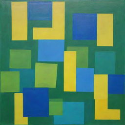 A painting of abstract and overlapping squares implemented through random interference method, in vivid shades of green, blue, and bright yellow.