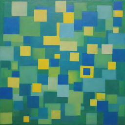 A painting of abstract and overlapping squares implemented through random interference method, in vivid shades of green, blue, and bright yellow.