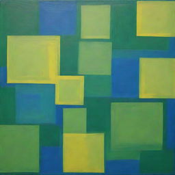 A painting of abstract and overlapping squares implemented through random interference method, in vivid shades of green, blue, and bright yellow.