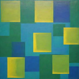 A painting of abstract and overlapping squares implemented through random interference method, in vivid shades of green, blue, and bright yellow.