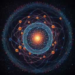 Abstract representation of the quantum world featuring atoms, subatomic particles and wave functions