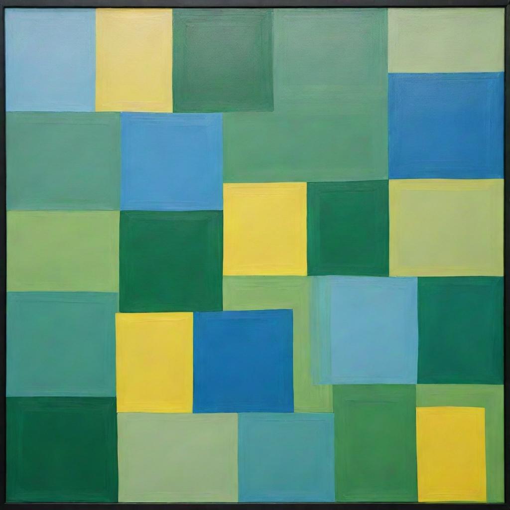 A painting of creative overlapping squares in pure, ungraded tones of green, blue, and bright yellow, developed through the random interference method.