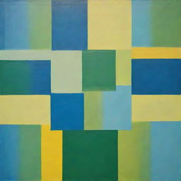 A painting of creative overlapping squares in pure, ungraded tones of green, blue, and bright yellow, developed through the random interference method.