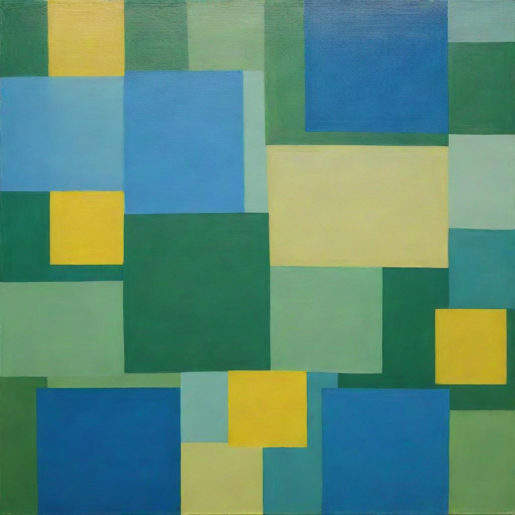 A painting of creative overlapping squares in pure, ungraded tones of green, blue, and bright yellow, developed through the random interference method.