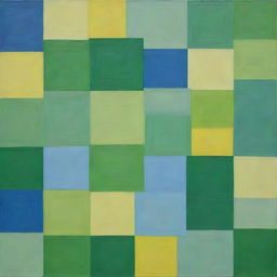 A painting of creative overlapping squares in pure, ungraded tones of green, blue, and bright yellow, developed through the random interference method.