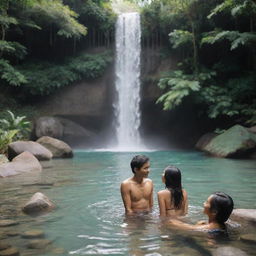 Young Indonesian couple in a romantic setting, bathing in a clear river with a beautiful waterfall in the background