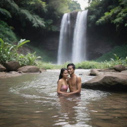 Young Indonesian couple in a romantic setting, bathing in a clear river with a beautiful waterfall in the background