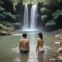 Young Indonesian couple in a romantic setting, bathing in a clear river with a beautiful waterfall in the background