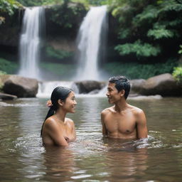 Young Indonesian couple in a romantic setting, bathing in a clear river with a beautiful waterfall in the background