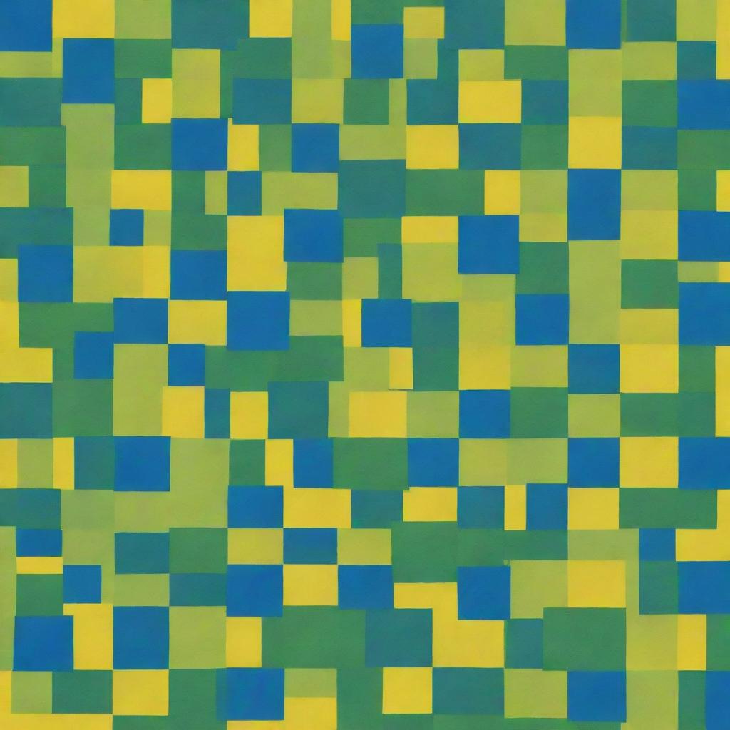 A split-level painting of creative overlapping squares using the random interference method. The bottom layer is bright yellow, transitioning to green in the middle up to a blue top, all colors without gradation.