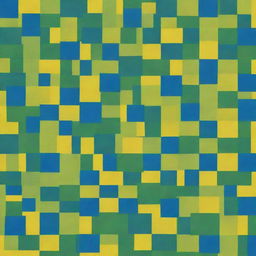 A split-level painting of creative overlapping squares using the random interference method. The bottom layer is bright yellow, transitioning to green in the middle up to a blue top, all colors without gradation.