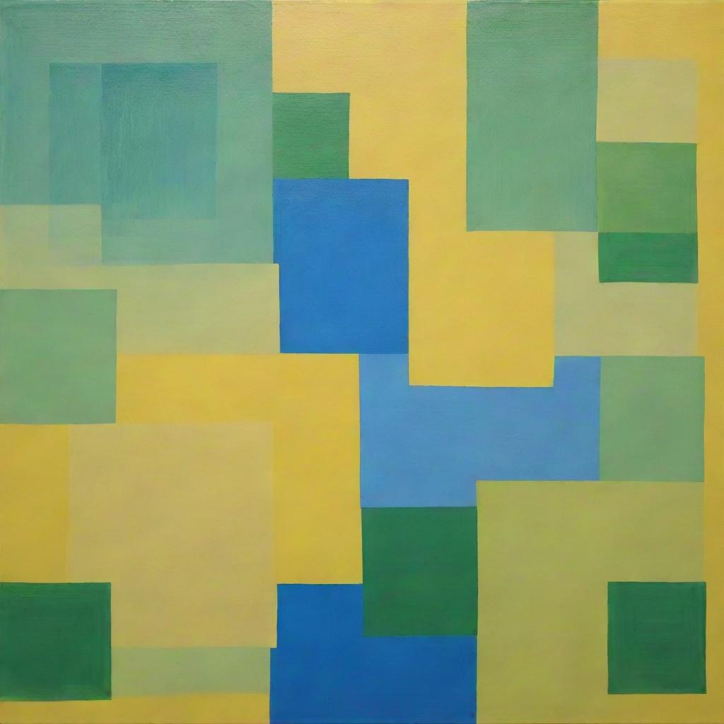 A split-level painting of creative overlapping squares using the random interference method. The bottom layer is bright yellow, transitioning to green in the middle up to a blue top, all colors without gradation.