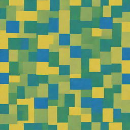 A split-level painting of creative overlapping squares using the random interference method. The bottom layer is bright yellow, transitioning to green in the middle up to a blue top, all colors without gradation.