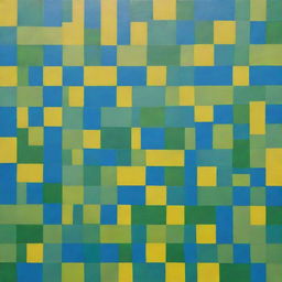 A split-level painting of creative overlapping squares using the random interference method. The bottom layer is bright yellow, transitioning to green in the middle up to a blue top, all colors without gradation.