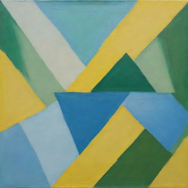 A painting of creatively overlapping triangles, achieved through a random method, featuring three pure, unblended shades: green, blue, and bright yellow.