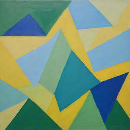 A painting of creatively overlapping triangles, achieved through a random method, featuring three pure, unblended shades: green, blue, and bright yellow.