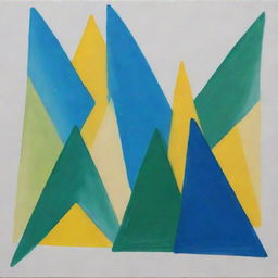 A painting of creatively overlapping triangles, achieved through a random method, featuring three pure, unblended shades: green, blue, and bright yellow.