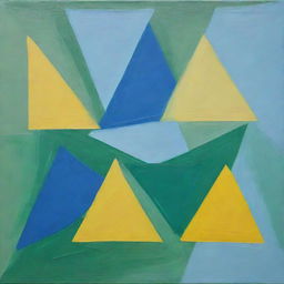 A painting of creatively overlapping triangles, achieved through a random method, featuring three pure, unblended shades: green, blue, and bright yellow.