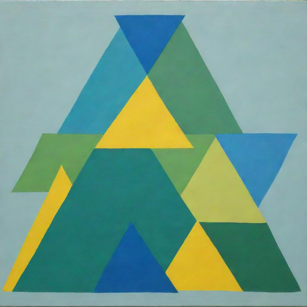 A painting featuring regularly stacked, overlapping triangles. Made using a random method, it consists of three pure colors: green, blue, and bright yellow.