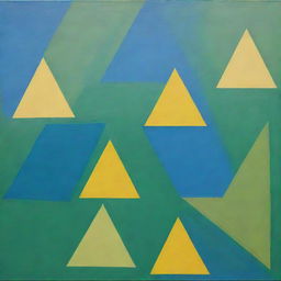 A painting featuring regularly stacked, overlapping triangles. Made using a random method, it consists of three pure colors: green, blue, and bright yellow.