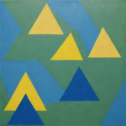 A painting featuring regularly stacked, overlapping triangles. Made using a random method, it consists of three pure colors: green, blue, and bright yellow.