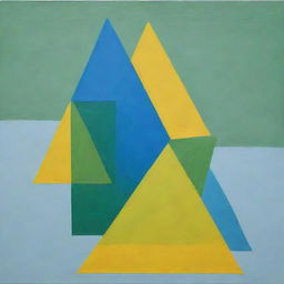 A painting featuring regularly stacked, overlapping triangles. Made using a random method, it consists of three pure colors: green, blue, and bright yellow.