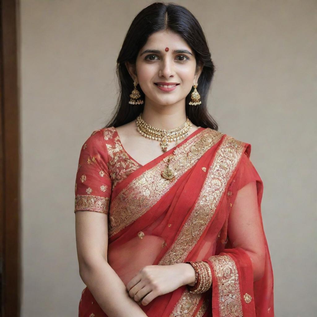 Sanjana Sanghi dressed in an ornate red saree, adorned with heavy Indian jewelry. She is smiling affectionately, with sindoor on her head and a bindi on her forehead, radiating the beauty of traditional Indian culture.