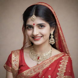 Sanjana Sanghi dressed in an ornate red saree, adorned with heavy Indian jewelry. She is smiling affectionately, with sindoor on her head and a bindi on her forehead, radiating the beauty of traditional Indian culture.