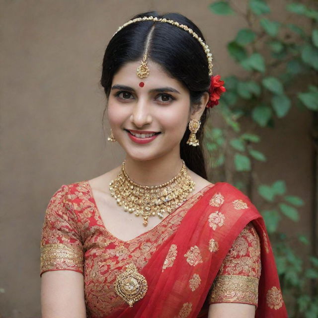 Sanjana Sanghi dressed in an ornate red saree, adorned with heavy Indian jewelry. She is smiling affectionately, with sindoor on her head and a bindi on her forehead, radiating the beauty of traditional Indian culture.