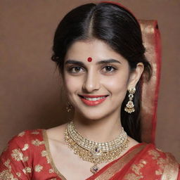 Sanjana Sanghi dressed in an ornate red saree, adorned with heavy Indian jewelry. She is smiling affectionately, with sindoor on her head and a bindi on her forehead, radiating the beauty of traditional Indian culture.