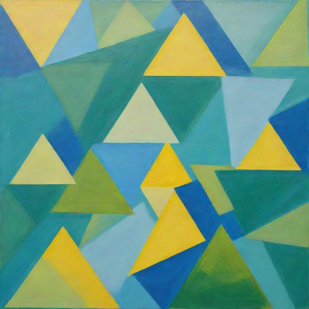 A painting of regularly stacked, creative overlapping squares and triangles. Created using a random method and three distinct colors: green, blue, and bright yellow without gradation.