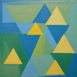 A painting of regularly stacked, creative overlapping squares and triangles. Created using a random method and three distinct colors: green, blue, and bright yellow without gradation.