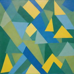 A painting of regularly stacked, creative overlapping squares and triangles. Created using a random method and three distinct colors: green, blue, and bright yellow without gradation.