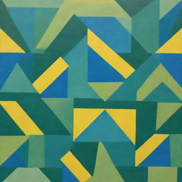 A painting of regularly stacked, creative overlapping squares and triangles. Created using a random method and three distinct colors: green, blue, and bright yellow without gradation.