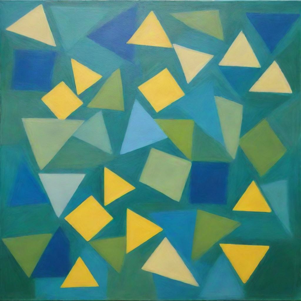 A painting depicting a regularly stacked, vibrant mix of squares and triangles, creatively overlapping. Created using a random method with only three distinct, unblended colors: green, blue, and bright yellow.