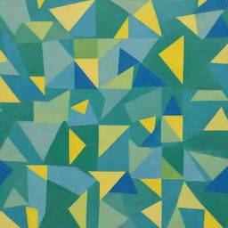 A painting depicting a regularly stacked, vibrant mix of squares and triangles, creatively overlapping. Created using a random method with only three distinct, unblended colors: green, blue, and bright yellow.