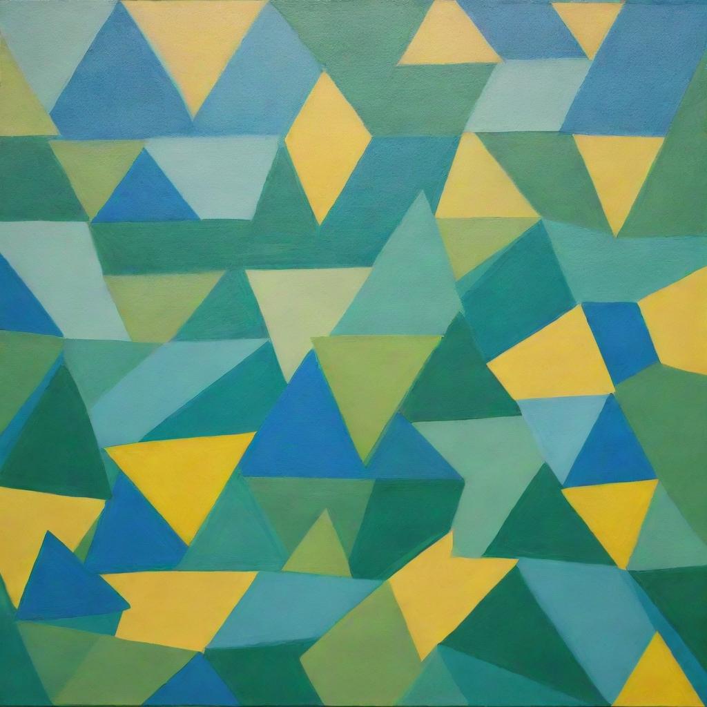 A painting depicting a regularly stacked, vibrant mix of squares and triangles, creatively overlapping. Created using a random method with only three distinct, unblended colors: green, blue, and bright yellow.