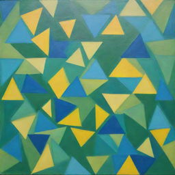 A painting depicting a regularly stacked, vibrant mix of squares and triangles, creatively overlapping. Created using a random method with only three distinct, unblended colors: green, blue, and bright yellow.