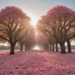 A surreal world where sunrays take the form of rose petals and trees resemble flowing cotton in the breeze, on the horizon.