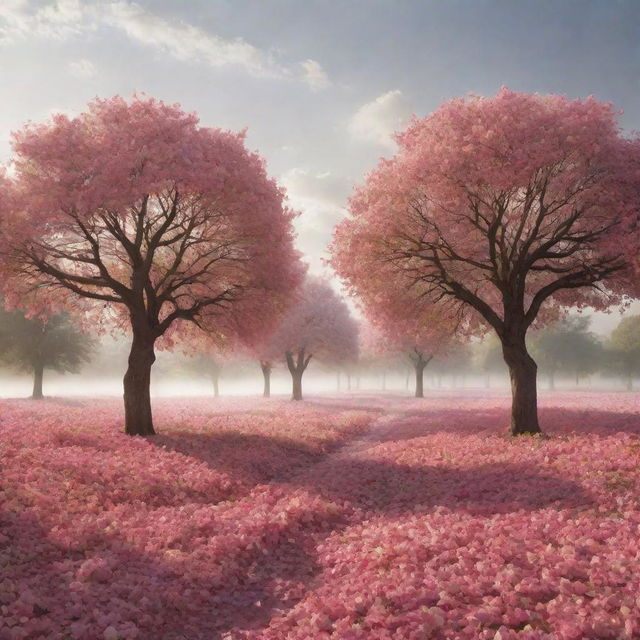 A surreal world where sunrays take the form of rose petals and trees resemble flowing cotton in the breeze, on the horizon.