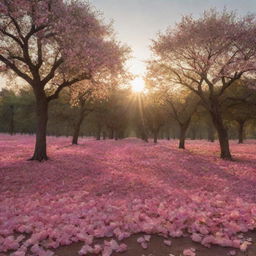 A surreal world where sunrays take the form of rose petals and trees resemble flowing cotton in the breeze, on the horizon.