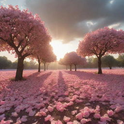 A surreal world where sunrays take the form of rose petals and trees resemble flowing cotton in the breeze, on the horizon.